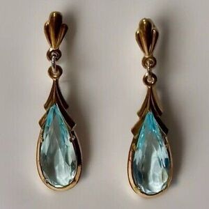 Vintage Art Deco 14k Gold Bezel Set Aquamarine Blue Elongated Pear Drop Earrings